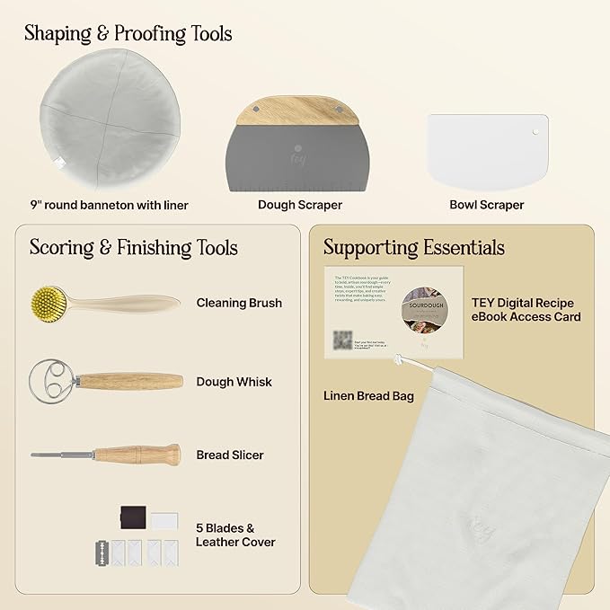 TEY 9'' Banneton Bread Proofing Basket Set – Natural Rattan Banneton with Linen Liner, Baking Tools & Accessories, Digital Recipe eBook, Artisan Sourdough Starter Kit, Homemade Bread Baking Gift Set
