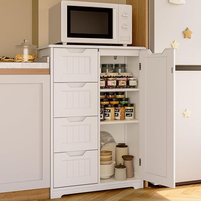 Gizoon Small Pantry Storage Cabinet with Door and Shelves, 33'' Kitchen Pantry Freestanding Wooden Bathroom Storage Cabinet with 4 Drawers for Kitchen and Dining Room, White