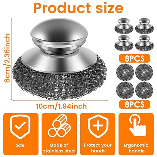 16 Pack Steel Wool Scrubber with 8 PCS Replacement Wire Pads Set, Replaceable Steel Pot Scrubber, Non Scratch Dish Sturdy, for Cleaning Pots, Pans, Grills, Sink