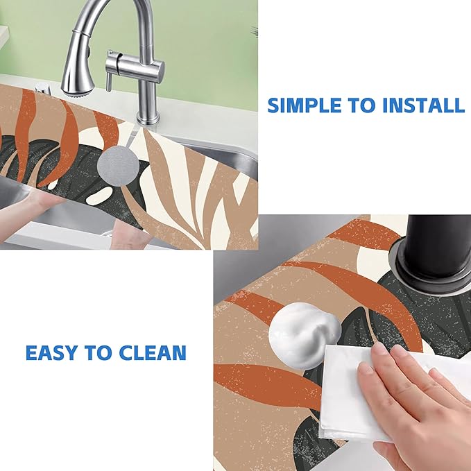 Mid Century Boho Leaves Kitchen Sink Splash Guard Absorbent Fast Drying Mat Faucet Draining Guard Behind Faucet Drip Catcher for Kitchen Bathroom 5.5"24"