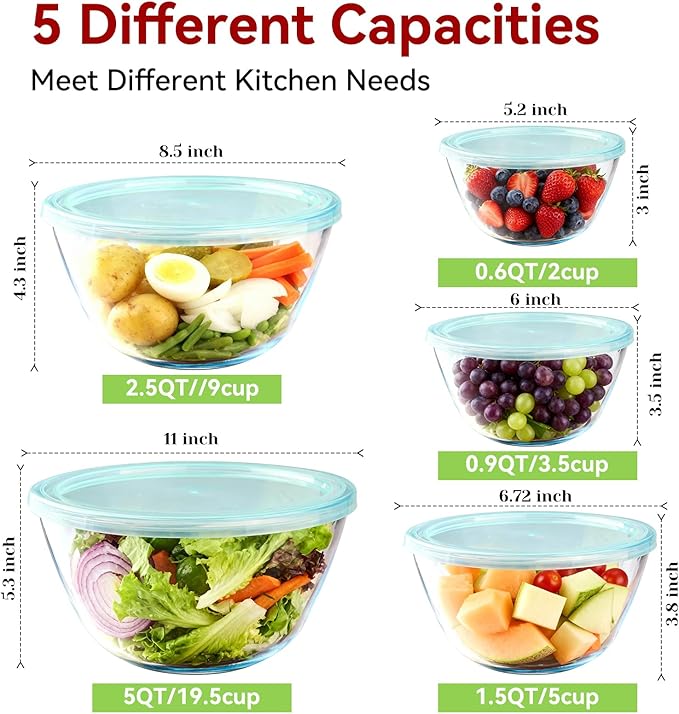 YUANYE 5 Pack Glass Mixing Bowls with Lids Set (5/2.5/1.5/0.9/0.6QT), Thick Glass Large Salad Bowl Set, Nesting Kitchen Bowls for Serving, Prepping, Cooking and Baking, Dishwasher,Oven,Microwave Safe