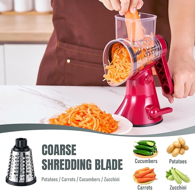 Rotary Cheese Grater with Handle - 3 in 1 Vegetable Slicer Shredder, Kitchen Mandoline with 3 Premium Stainless Steel Blades & Strong Suction Base, Easy Clean Food Chopper for Cheese Vegetables Fruits
