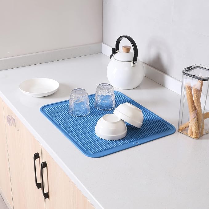 Silicone Dish Drying Mat for Multiple Usage,Easy clean,Eco-friendly,Heat-resistant Silicone Mat for Kitchen Counter or Sink,Refrigerator or Drawer Liner Lichen BlueL 2XL 24 inches x 18 inches
