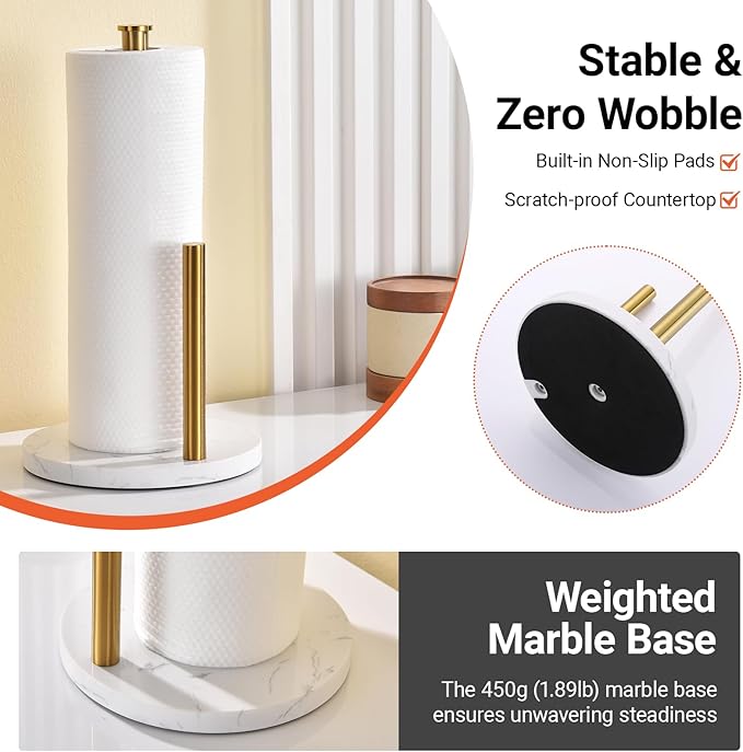 Hoooh Freestanding Paper Towel Holder for Kitchen Countertop - Non-Slip Marble Base, Brushed Gold Stainless Steel, Fits Standard & Jumbo Rolls