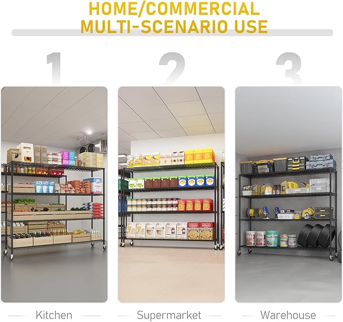 Karl home 4-Tier Metal Storage Shelves, Adjustable Wire Shelving Unit with Wheels & Leveling Feet, Heavy Duty Garage Shelving, Pantry & Kitchen Display Shelf Organizer, Home Storage Rack