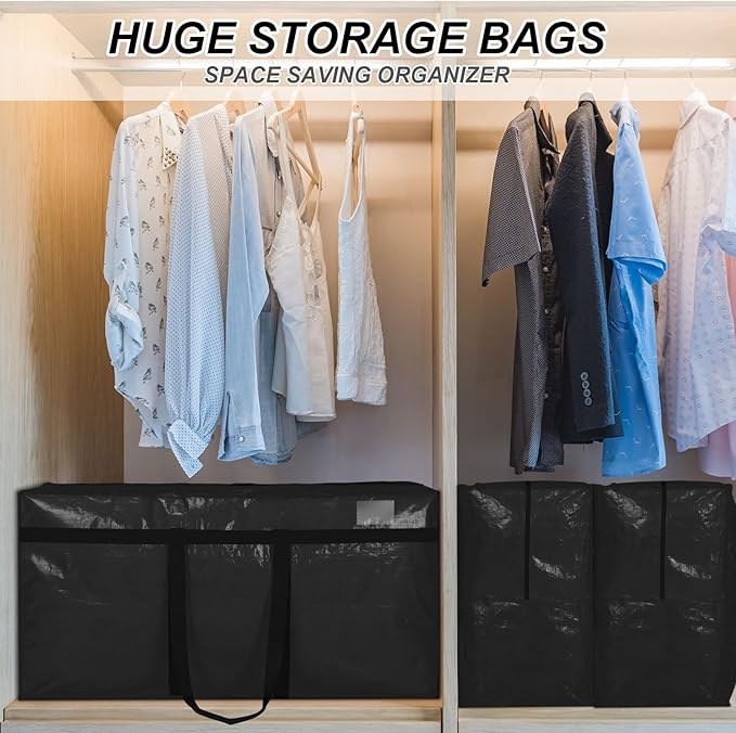 8 Pcs 66 Gallon Extra Large Moving Bags Heavy Duty Storage Bag with Strong Zipper Handle Foldable XXL Jumbo Storage Tote Packing Moving Box for College Dorm Travel Cloth Duffle (Black)