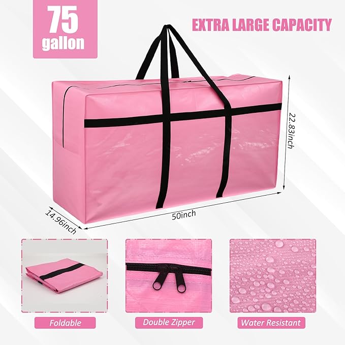 Windyun 4 Pack 75 Gallon Extra Large Moving Bags XXL Heavy Duty Storage Bag with Strong Zipper Handle Jumbo Big Tote Box Foldable for College Dorm Travel Clothes Duffle Blanket Pillow(Pink)