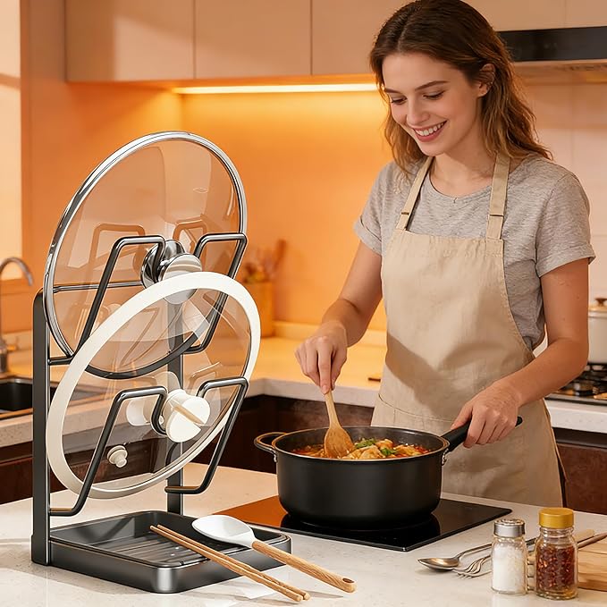 Hlonns Kitchen Pot Lid Storage Rack, Double Layer Pot Lid Organizer Rack & Holder While Cooking, Metal Pot Lid Stand with Spoon Rest and Removable Drip Tray, Space-Saving Design (Beige, 2)