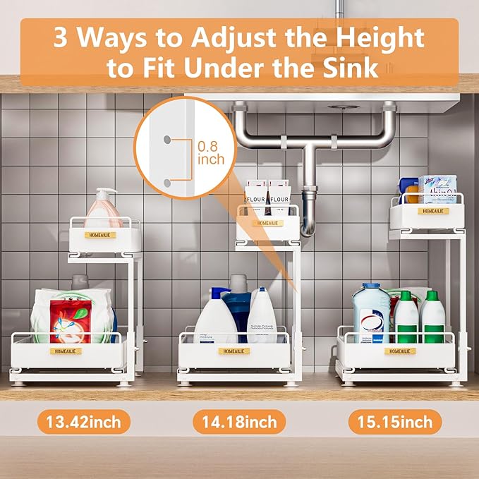 HOMEAILIE Under Sink Organizer, High Adjustable 2 Tier Under Kitchen Sink Organizer, Multi-Purpose Storage Shelf for Kitchen Bathroom Cabinet, White