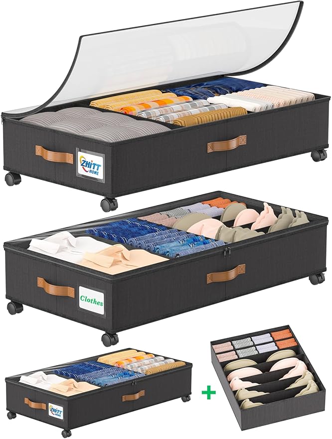 2-Pack Under Bed Storage with Wheels + Underwear Storage Box, Scalable Under Bed Shoe Storage Containers, Clothes Organizer & Bedroom Furniture Organizers - Delicate Style