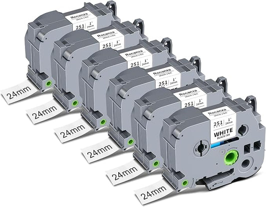 6-Pack TZe-251 24mm 0.94 Laminated White Tz Tape Replace for Brother Label Maker Tape 1 Inch TZe251 TZ-251 Compatible with Brother P Touch PT-D600 PT-D610BT PTP700 PTP710BT