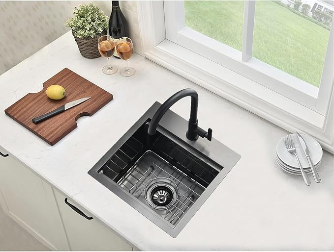 Black Bar Sink Drop In-15x15 Inch Kitchen Sink Stainless Steel Square Small Topmount Workstation Sinks，Single Bowl Kitchen Sinks for Office Laundry Wet Bar Prep RV Outdoor Yard