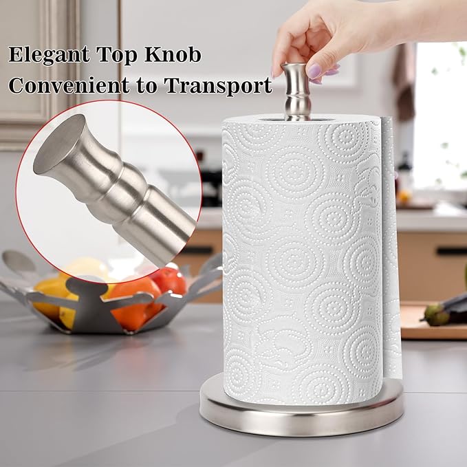 Sfemn Paper Towel Holder Countertop, Standing Paper Towel Roll Holder for Kitchen Bathroom, with Weighted Base for One-Handed Operation, No Wobbly (Brushed Nickel)