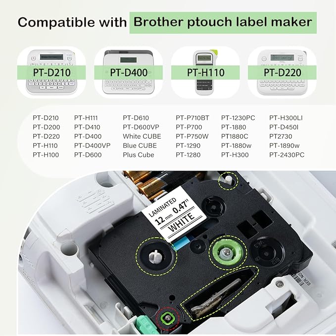 Label KINGDOM Aze-231 Refill Compatible with Brothr p Touch tze laminatied Label Maker Tape 12mm 1/2"(0.47") for ptouch Printer PTD210 PTD220 PTH110, 10 Pack