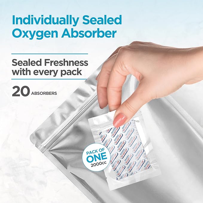 20 Pcs 5 Gallon Mylar Bags With Oxygen Absorbers - 11 Mil Thick - With Sticker Labels and Closure Clip - Smell Proof, Zipper Closure Heat Resealable Large Mylar Bags For Food Storage