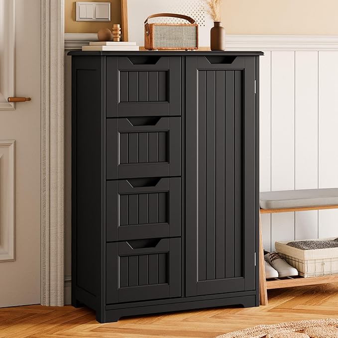 Gizoon Small Kitchen Pantry Storage Cabinet with Door and Shelves, 33'' Kitchen Pantry Cabinet Freestanding Wooden Bathroom Storage Cabinet with 4 Drawers for Kitchen and Dining Room, Black