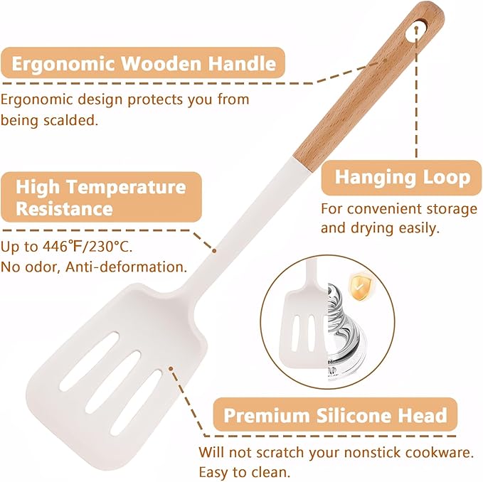 IOCBYHZ Silicone Kitchen Utensils Set of 4, Large Non-Stick Cooking Utensil Set w Wooden Handle Food Grade Heat Resistance Turner Spoon Silicone Cooking Kitchen Gadgets BPA Free for Nonstick Cookware