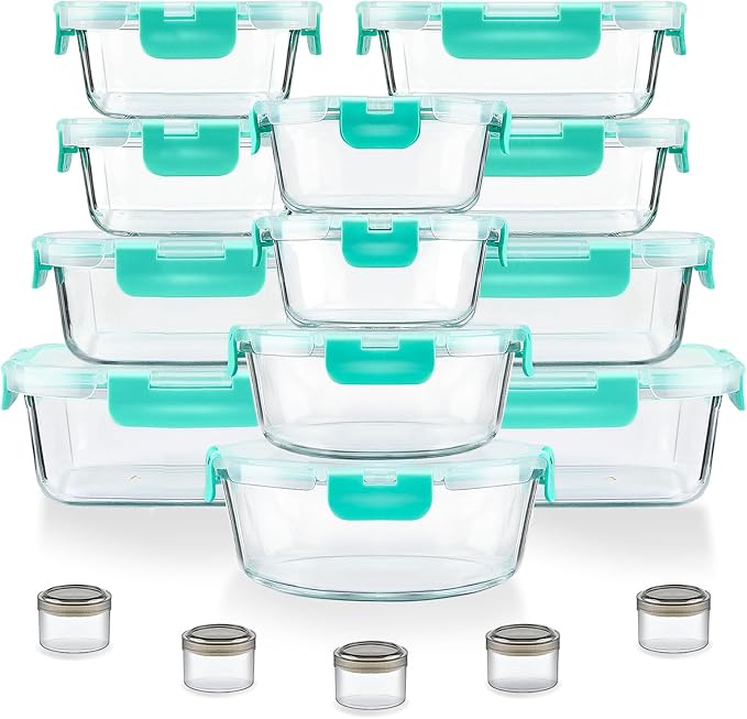 34pcs Glass Food Storage Containers with Lids Set, Airtight Glass Meal Prep Containers (17 Containers & 17 Lids), Leak Proof Lunch Container BPA-Free, Microwave, Oven, Freezer, Dishwasher Safe-Green