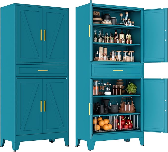 LCAOPC 71" Tall Pantry Storage Cabinet with Drawer and Adjustable Shelves, Freestanding Tall White Kitchen Cupboard Storage Cabinet for Kitchen,Dining Room, Living Room, Blue