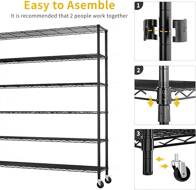 Karl home 6-Tier Metal Storage Shelves, Adjustable Wire Shelving Unit with Wheels & Leveling Feet, Heavy Duty Garage Shelving, Pantry & Kitchen Display Shelf Organizer, Home Storage Rack
