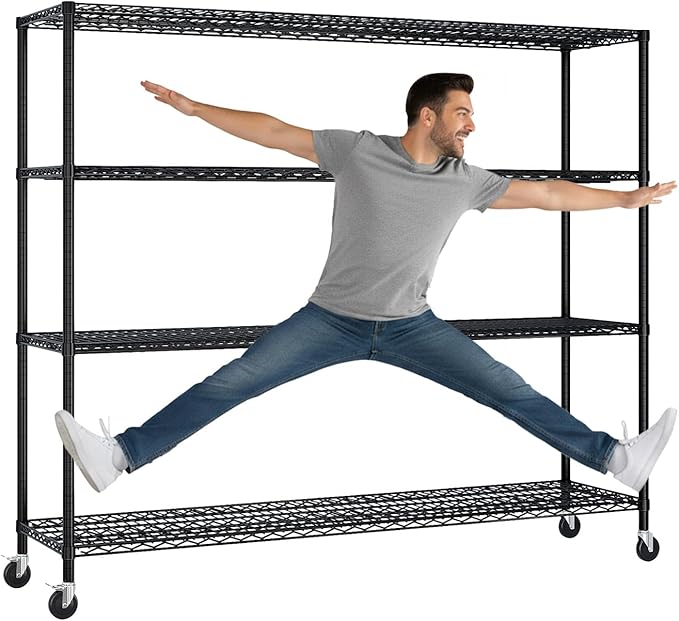 VINGLI 4 Tier Metal Storage Shelves 65''H Wire Shelving with Wheels for Storage Adjustable Heavy Duty Garage Shelving Storage Racks for Pantry Shelves Kitchen Office Garage, 65''H X63''W X23''D