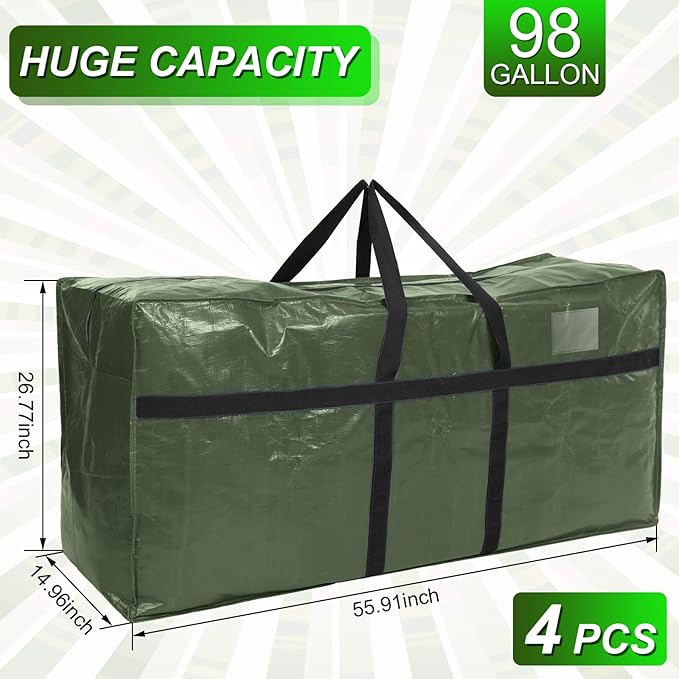 Windyun 4 Pack 98 Gallon Extra Large Moving Bags XXL Heavy Duty Storage Bag with Strong Zipper Handle Jumbo Big Tote Box Foldable for College Dorm Travel Clothes Duffle Blanket Pillow(Army Green)