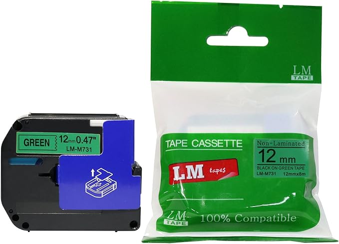 LM Tapes - Premium Compatible 1/2" (12mm) Black on Green M Series P-Touch Tape, Replaces M731