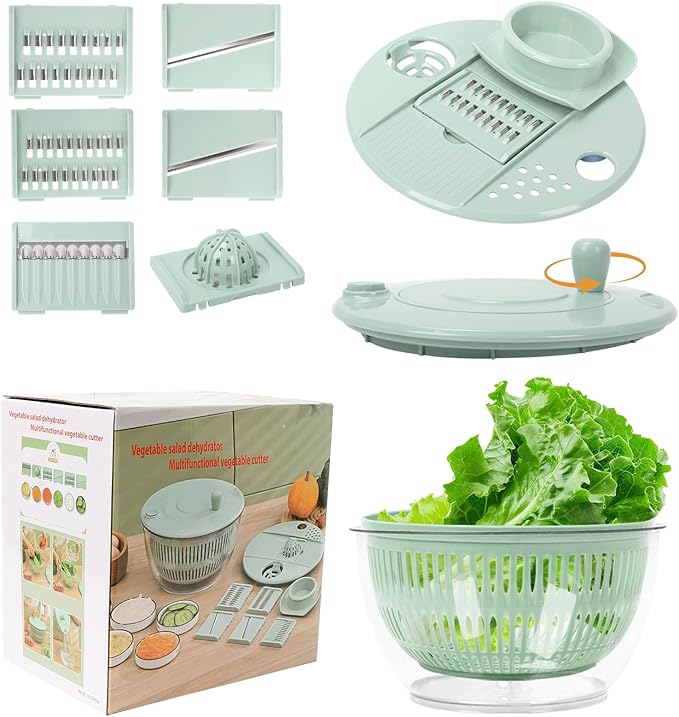 Multi-Use Large Salad Spinner, 5.3 Qt Vegetables Fruits Wash Spinner Bowl,Lettuce Dryer with 5 Blades,Egg Yolk Strainer Slicer Shredder, Salad Bowl for Efficient Preparation-Green