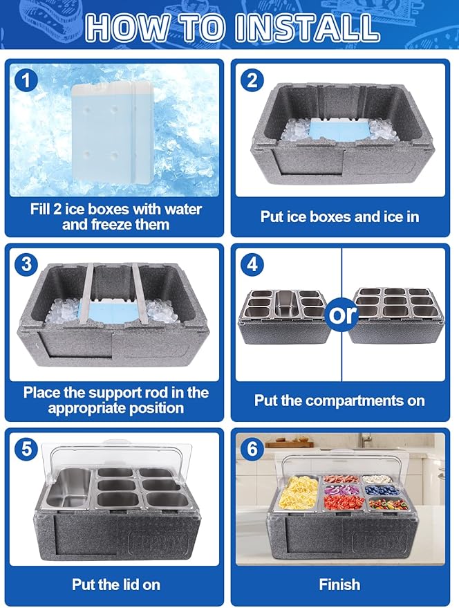 Lanstics Pizza Topping Station 10 Pans Salad Bar Buffet Station Insulated Cold Food Buffet Server with Ice Packs Lids Buffet Containers Set Platter Box for Party Buffet Keeping Food Cold