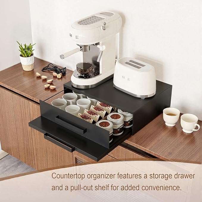 VibeNest Steel Microwave Stand with Pull-Out Drawers & Shelves | Countertop Organizer for Compact Microwaves, Coffee Station & Kitchen Appliance Storage (Black+Drawer+Shelf)