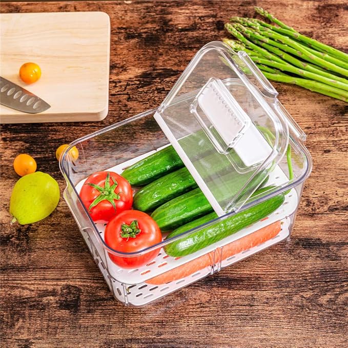 Lettuce Keeper Fridge Food Storage Container, Fresh Produce Saver Organizer Keeper Bins with Lids and Removable Drain Tray for Refrigerator Freezer Cabinet Kitchen 2800ML, 2 Pack