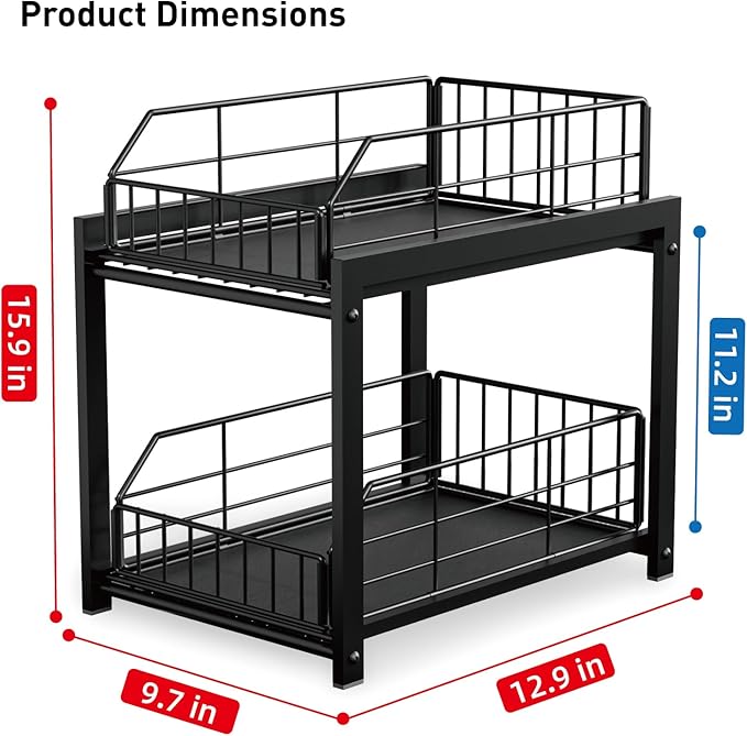 Lxmons 2 Tier Sliding Basket Drawer Organizer, Pull Out Under Sink Cabinets Organizers, Metal Home Shelf for Bathroom or Kitchen, Sliding Countertop or Pantry Storage Shelf, Black
