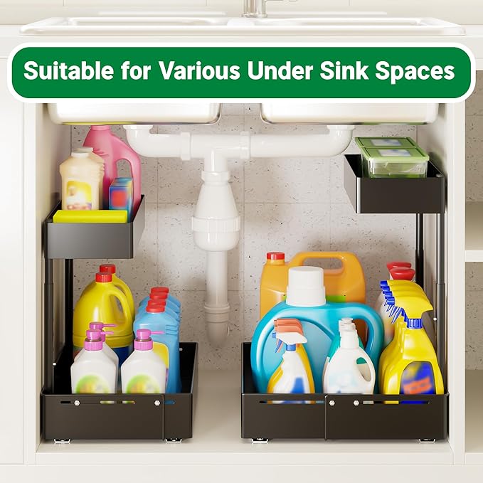 Pull Out Under Sink Organizer 2 Pack, 2 Tier Expandable Under Cabinet Storage with Height Adjustable Design for Kitchen Bathroom Laundry Room