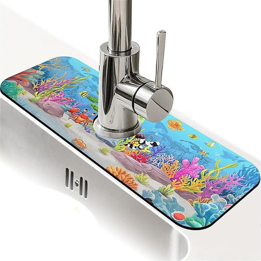Kitchen Sink Splash Guard，cartoon sea turtle crab fish Faucet Mat Sink Gadgets-Super Absorbent Fast Drying Mat Drip Catcher for Kitchen, Bathroom,Sink Mat, Dish Drying Mat, Bathroom(15" X 5.5" )