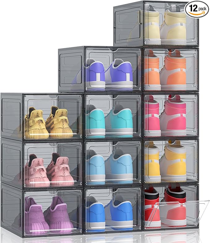 Kitsure Thicker & Sturdier Shoe Boxes - 12 Pack Black Clear Plastic Foldable Storage Organizer with Magnetic Door, Reinforced Heavy-Duty Design for Sneakers, Toiletries & Accessories, 13.2"x9.8"x7.3"