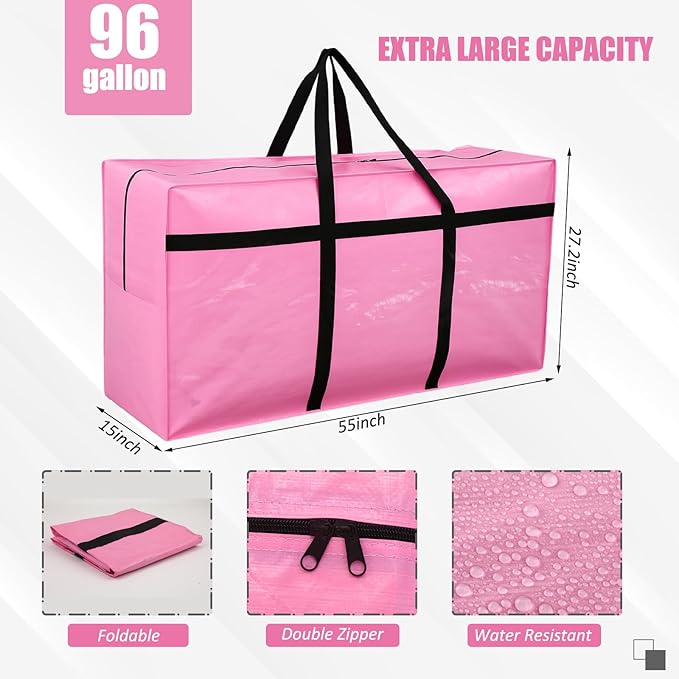 4 Pcs 96 Gallon Extra Large Moving Bags Heavy Duty Storage Bag with Strong Zipper Handle Foldable XXL Jumbo Storage Tote Packing Moving Box for College Dorm Travel Cloth Duffle (Pink)