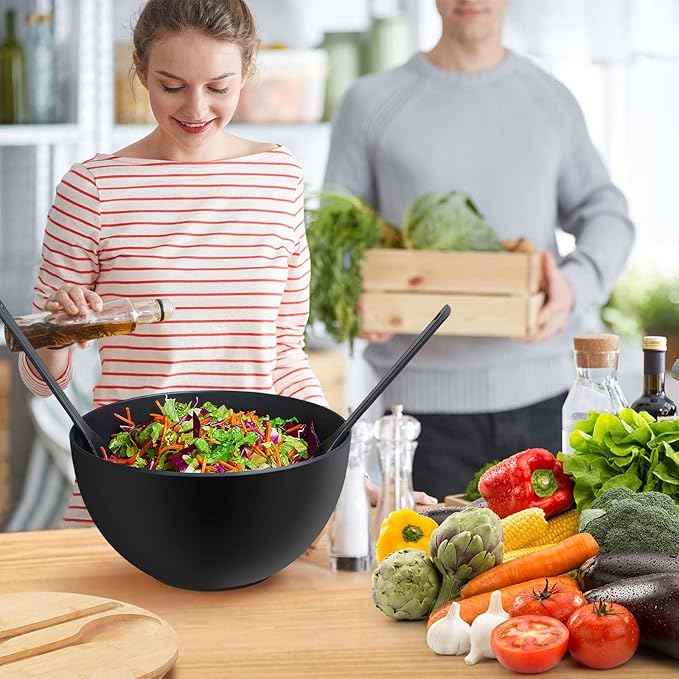 ECOHAGOU 12.6" Extra Large Salad Serving Bowl Set with Wooden Lid&Utensils, 8.4Qt., Bamboo Fiber Salad Bowl with Servers for Kitchen, Big Bowl for Mixing Salad,Fruit,Pasta (Matte Black)