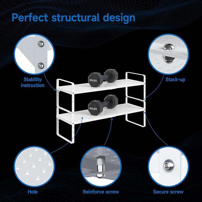 Expandable Cabinet Shelf Organizer Adjustable Metal Spice Rack Stackable Freestanding Counter Storage Shelves for Kitchen Cabinet Under Sink Office Desk (White - 2Pack - L16.5-27'' * W8'' * H9.6'')
