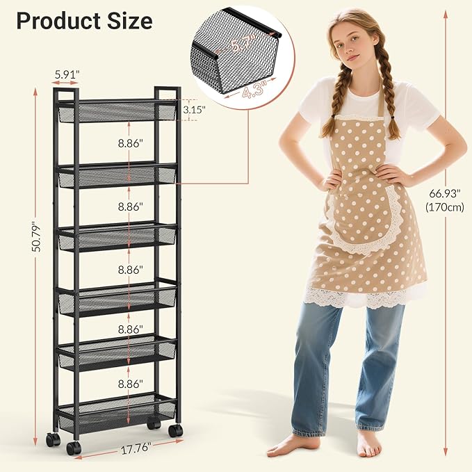 6 Tier Slim Storage Cart, Narrow Cart with Wheels, Metal Mobile Shelving Unit Organizer for Kitchen, Bathroom, Laundry Room, Living Room & Narrow Spaces, Black, 6in(W)