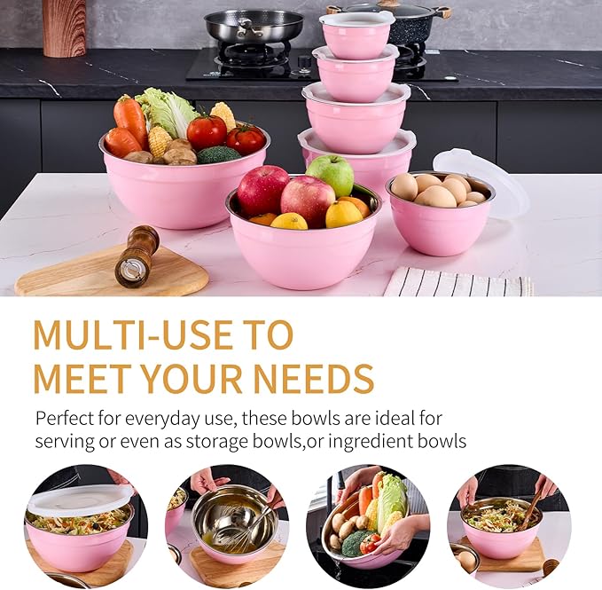 Onlycooker Pink Mixing Bowls With Airtight Lids,Stainless Steel Bowl,Salad Bowls 7 Piece Colorful Nesting Bowl Pink Kitchen Accessories,Size 7,3.6,2.7,2.1,1.5,1.1,0.8QT Stackable Design