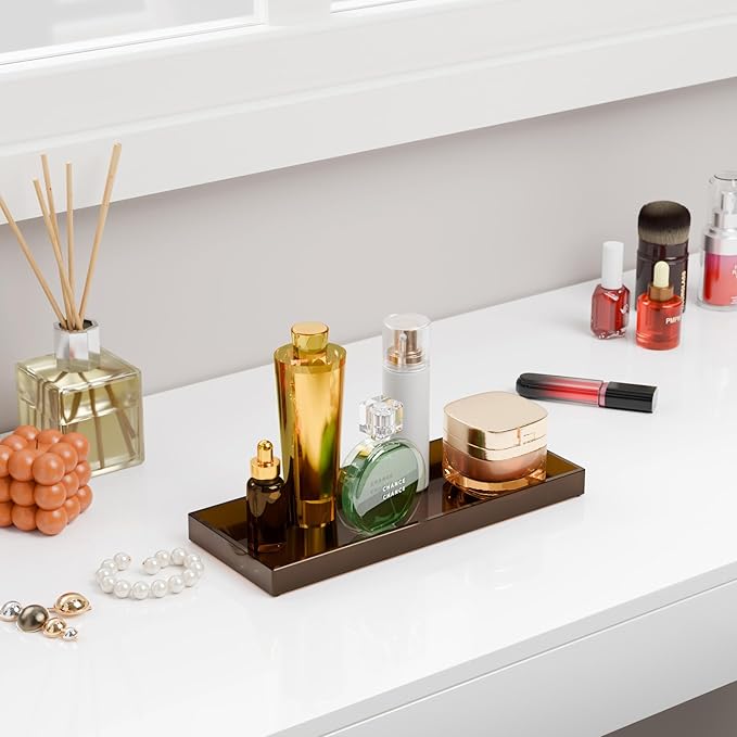 ATZYmolin 11" x 4.3" Bathroom Vanity Tray Acrylic Decorative Counter Organizer for Soap Dispenser, Perfume, Candle, Makeup - Rectangle Tray for Sink, Toilet Tank, Dresser Home Decor, Small Brown