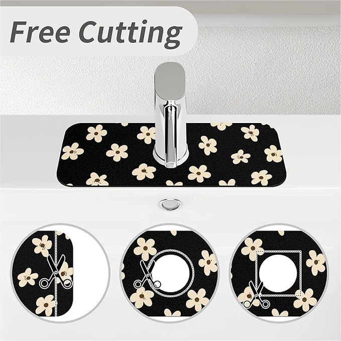 Kitchen Sink Splash Guard，Cream flowers Faucet Mat Sink Gadgets-Super Absorbent Fast Drying Mat Drip Catcher for Kitchen, Bathroom,Sink Mat, Dish Drying Mat, Bathroom(15" X 5.5" )
