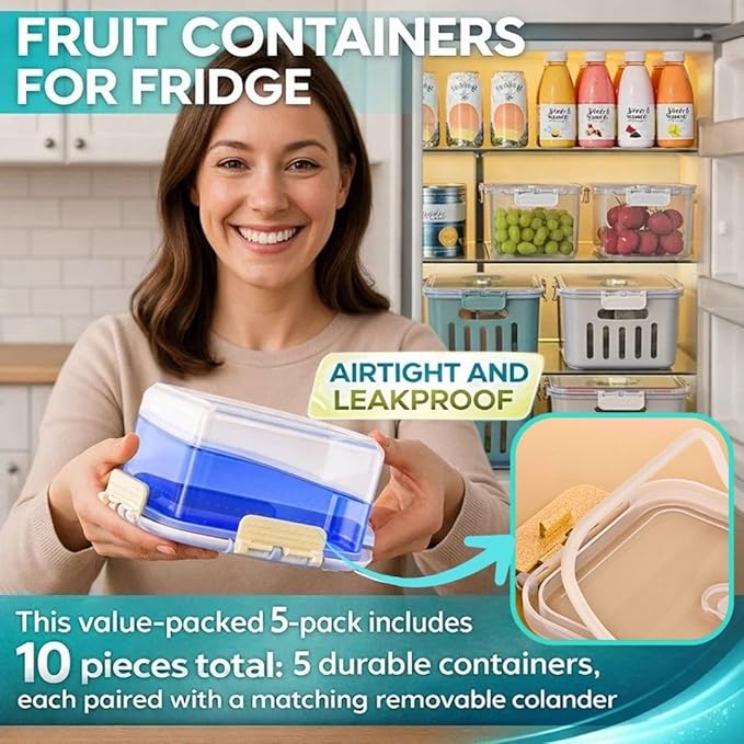 Fruit Containers for Fridge Keep Fresh, 5-Pack Produce Containers for Fridge with Lids, Meal Prep Containers, Food Organizer with Removable Colander, Microwave & Dishwasher Safe (White)