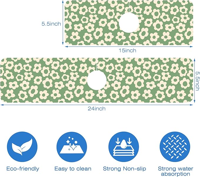 Vintage Groovy Flowers Sink Faucet Absorbing Mat Splash Guard Behind Sink Absorbent Fast Drying Draining Mat for Bathroom Kitchen 5.5"15