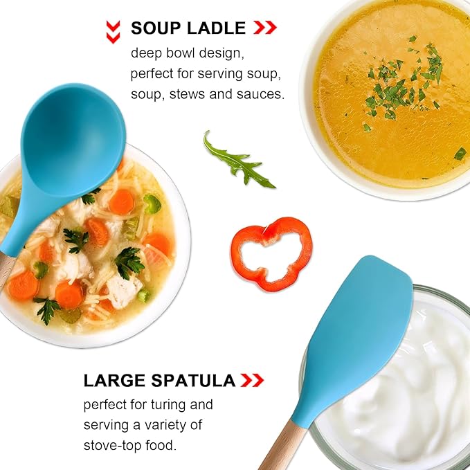 IOCBYHZ Silicone Kitchen Cooking Utensils Set, 5-Piece Non-Stick Silicone Kitchen Utensils Spatula Serving Spoons Turner Ladle Set w Wooden Handle Heat Resistant Cooking Gadgets for Nonstick Cookware
