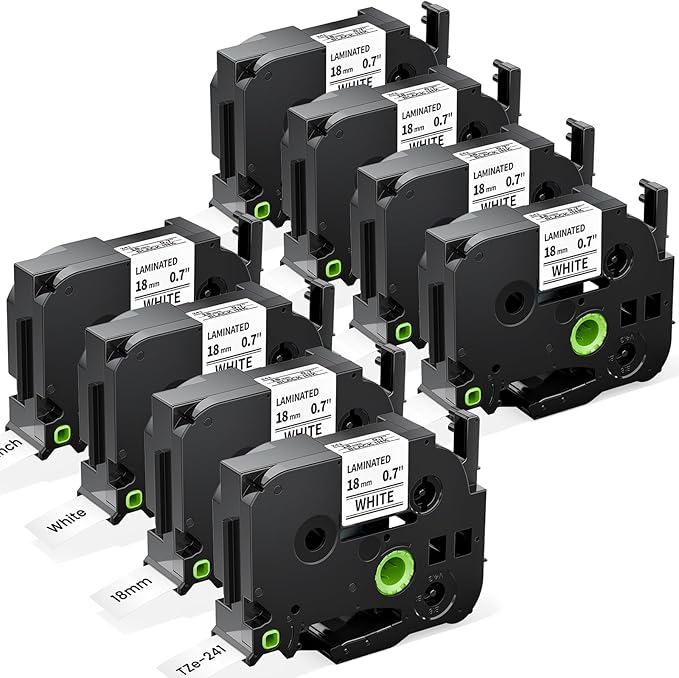 Labelife 8-Pack TZe-241 TZe TZ Tape 18mm 0.7 Laminated White Compatible with Brother P Touch Label Maker Tape 18mm .7 TZe241 for Brother PT-D400 PT-D410 PT-PT-D600 D610BT PTD460BT, 3/4 Inch