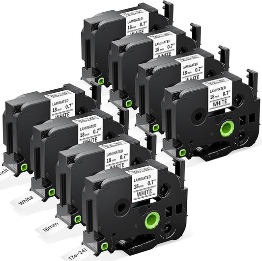 Labelife 8-Pack TZe-241 TZe TZ Tape 18mm 0.7 Laminated White Compatible with Brother P Touch Label Maker Tape 18mm .7 TZe241 for Brother PT-D400 PT-D410 PT-PT-D600 D610BT PTD460BT, 3/4 Inch