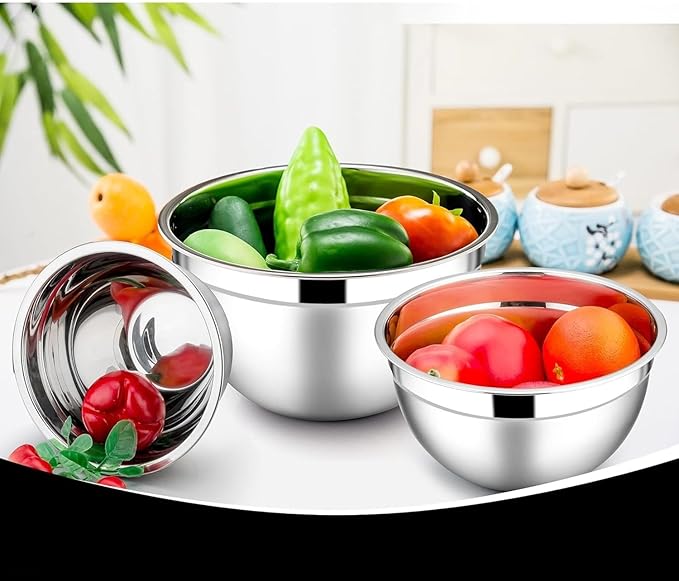 TEEM Stainless Steel 304 Mixing Bowls with Airtight Lids, Set of 3 Large Medium Small 1.5L 2L 3L (1.6QT 2.1QT 3.2QT) Food-Grade Metal Nesting Salad Bowls - Rust-Resistant, Dishwasher Freezer Safe