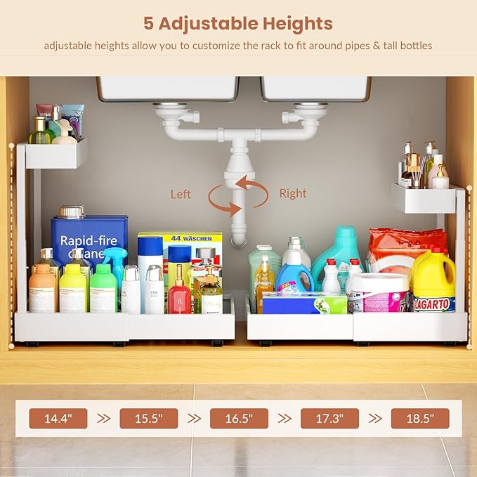 2 Tier Expandable Under Kitchen Sink Organizer, Adhesive Under Bathroom Organizer, Heights Adjustable Pull Out Storage for Kitchen Laundry (White, 16.3D x 12.2"-20.5" W x 14.4"-18.5" H)