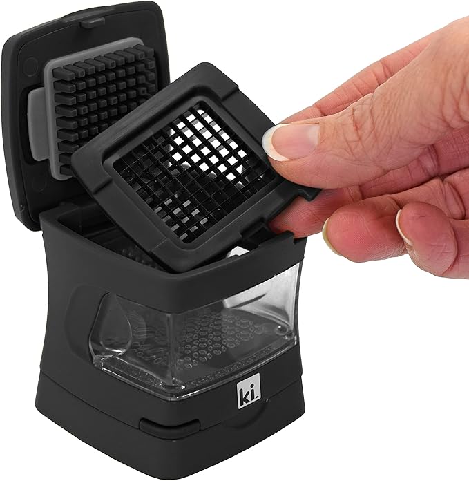 Kitchen Innovations Garlic-A-Peel Garlic Press, Crusher, Cutter, Mincer, and Storage Container - Includes Silicone Garlic Peeler - Easy to Clean - Stainless Steel Blades – (Black), standard